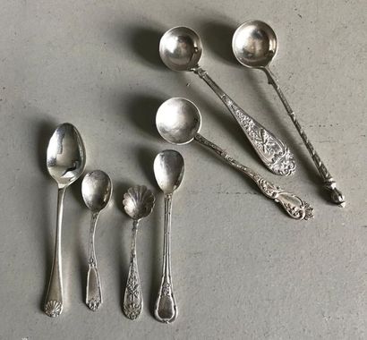 null Set consisting of four silver salt spoons and three silver mustard spoons (mismatched)...
