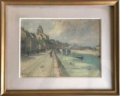 null FRENCH SCHOOL circa 1930
View of a quay
Oil on cardboard 
Signed lower left...