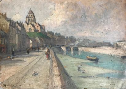 null FRENCH SCHOOL circa 1930
View of a quay
Oil on cardboard 
Signed lower left...