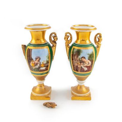 null PARIS
Pair of baluster shaped porcelain vases with reserve decoration on a green...