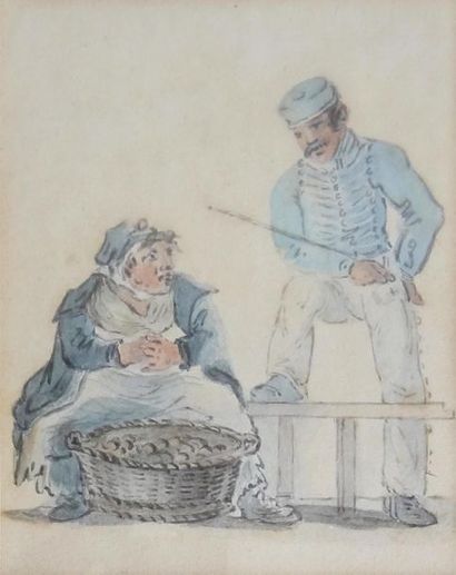 null 19th
century ENGLISH SCHOOL The soldier and the young merchant
Watercolour drawing...
