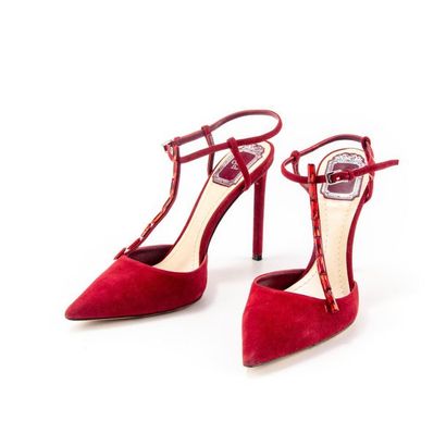 DIOR Christian DIOR
Pair of carmine red suede sandals with straps adorned with red...