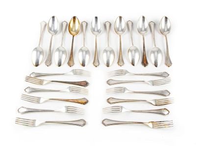 null Twelve silver plated metal cutlery with a triangular spatula chiselled with...