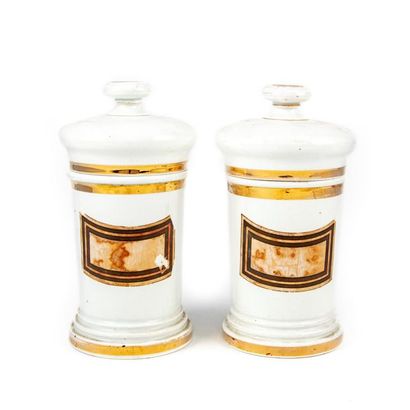 null Pair of enamelled porcelain medicine jars with gilded border decoration and...