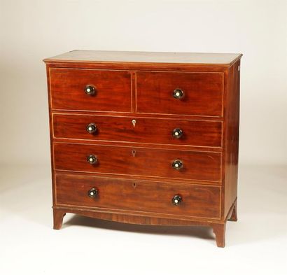 null Large rectangular shaped mahogany veneer commode desk. It opens with three drawers...