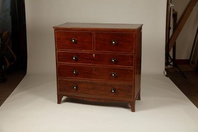 null Large rectangular shaped mahogany veneer commode desk. It opens with three drawers...