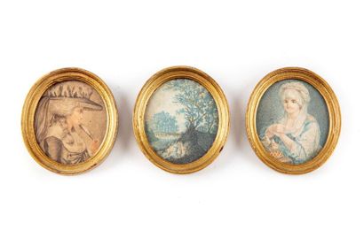 null Set of three framed miniature engravings with oval views depicting characters...