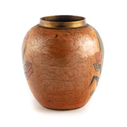 null Enamelled brass ball vase with tulip decoration.
Height : 17 cm
