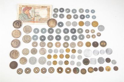 null Set of antique metal and silver coins. A 50 Fcs banknote is attached.
