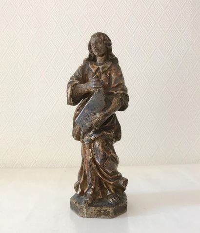 null Statuette de Sainte Cécile tenant un instrument de musique en bois sculpté et...