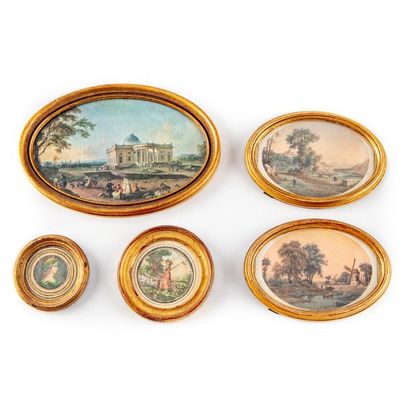 null A set of five framed miniature prints representing landscapes and miscellaneous.
L....