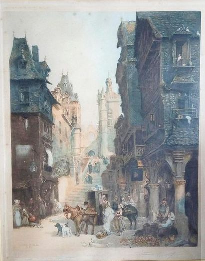 NOEL Jules NOËL d'après, gravé par Eugène GAUGUET (1872-1943) 
Vieille rue de Morlaix
Gravure...