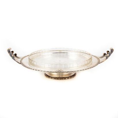 null Large bowl on foot in silvery metal, the handles in comma in Art Deco style,...