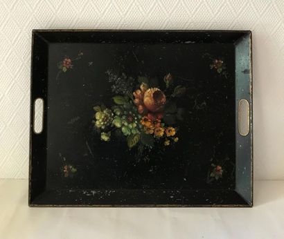 null Rectangular tray in lacquered sheet metal with flower decoration on a black...