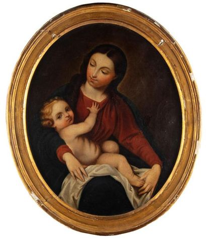 null ECOLE ITALIENNE du XIXème 
Vierge à l'enfant
Huile sur toile marouflée ovale...