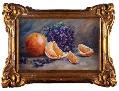 null ECOLE FRANCAISE vers 1900
Nature morte à l'orange
Aquarelle
20 x 32 cm