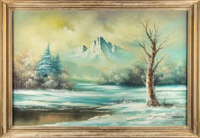 null ECOLE MODERNE
Paysage de neige 
Huile sur toile
Signé Janice
60 X90 cm