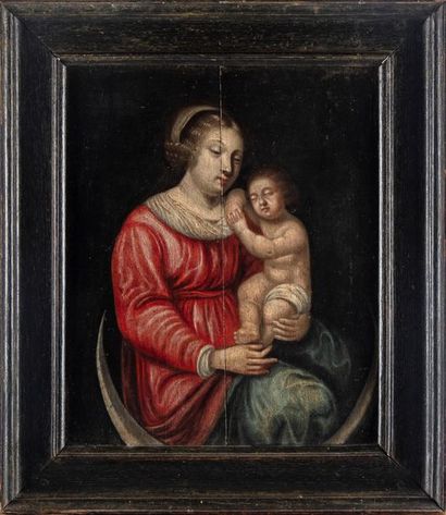 null ECOLE FRANCAISE du XVIIe
Vierge à l'enfant 
Huile sur panneau
34 x 27,5 cm
Fente...