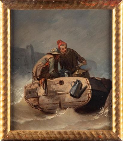 null Eugène LE POITEVIN ou LEPOITTEVIN ( 1806-1870) attribué à
Le radeau et les pêcheurs
Huile...