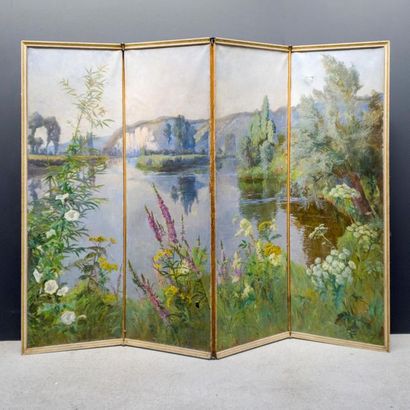  Rita GAY (1865 - ?) Paravent à quatre feuilles en toile peinte représentant un paysage...