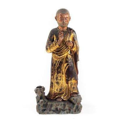 ASIE Statue de moine en bois sculpté anciennement...