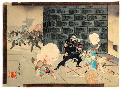  JAPON Un ensemble d'estampes japonaises en couleurs dont - une scène de combat 25...