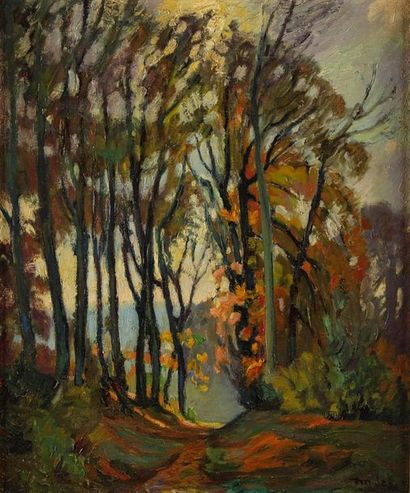 MALET Albert MALET ( 1912 - 1986 )
Paysage de sous bois en automne 
Huile sur toile
Signé...