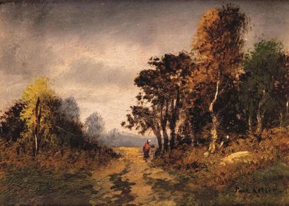 null ECOLE FRANCAISE de la fin du XIXe, autour de Barbizon
Paysages de chemin et...