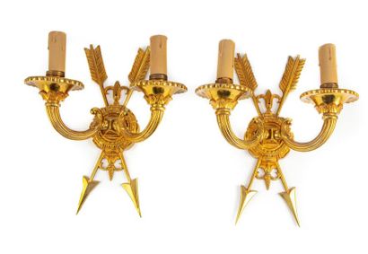 null Pair of Restauration style two-light gilt metal sconces with crossed arrows...