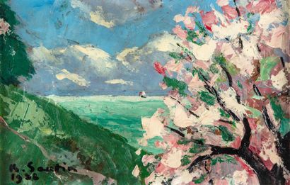 null René SAUTIN (1881-1966)
Cerisier au bord du lac
Huile sur carton 
Signé en bas...