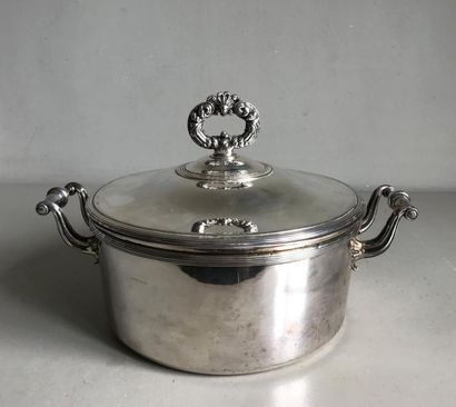null Large vegetable dish covered in plain silver plated metal. Side grips and fretel...