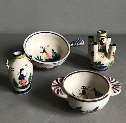 null Manufacture HB à QUIMPER 
Set of four small pieces (vases - bowl...) in polychrome...