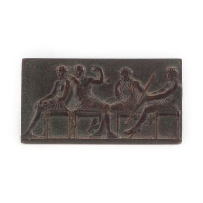 null Small rectangular plaque in patinated bronze, chiselled with a frieze of seated...