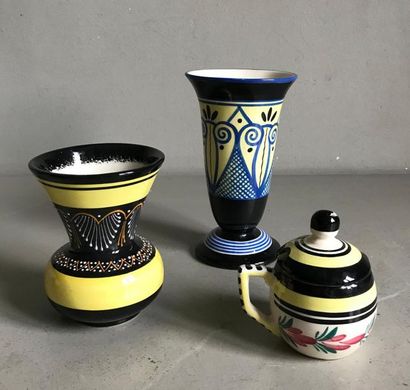 null Manufacture HB à QUIMPER 
Two small vases and a mustard pot in polychrome enamelled...