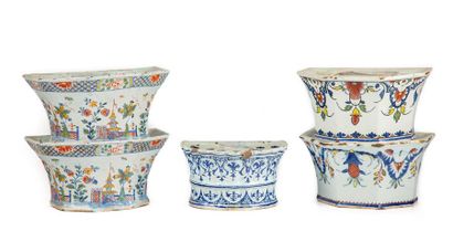 null ROUEN Set 
of five earthenware flower candle holders decorated with polychrome...