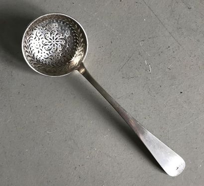 null Plain silver sugar spoon. The spoon pierced with flowers and leaves Beginning...