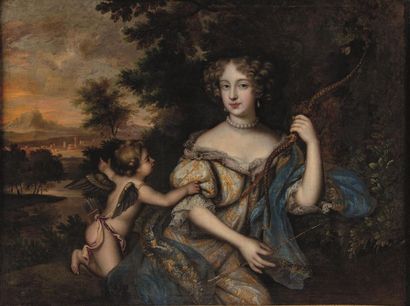 null Entourage de Pierre MIGNARD (1612-1695)
Portrait de femme en Diane accompagnée...