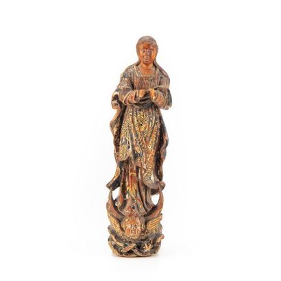 null Wooden statuette of lime or poplar stained, stuccoed and polychrome, representing...
