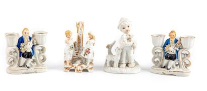 null Pair of enamelled porcelain candleholders with musicians decoration, 2 enamelled...