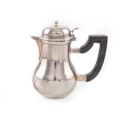 null Small "selfish" flat-bottomed plain silver pot. Wooden side outlet. Style of...