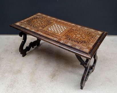 null Beautiful Spanish style table in natural wood with a top inlaid with a marquetry...