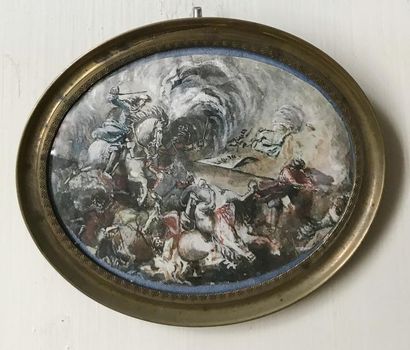 null Oval miniature representing a battle scene in the 17th
century style 6 x 7.5...