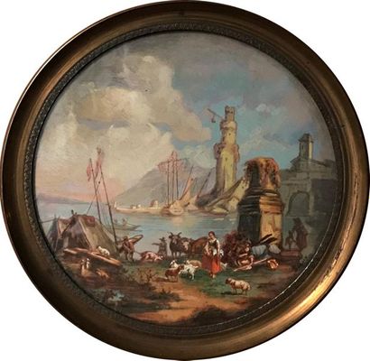 BAILLY BAILLY - XXth
Seaside Pastoral Scene in the style of the XVIIIth century Round
Miniature...