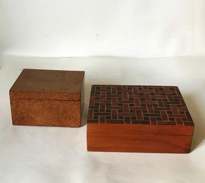 null Two cigarette boxes in burr wood veneer for one and marquetry decoration on...