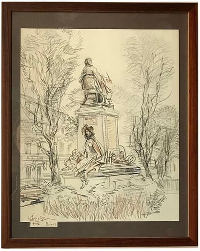 null ECOLE MODERNE
La statuette d'Alexandre Dumas à Paris
Dessin aux crayons
Signé...