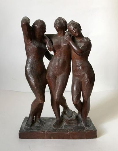 null Statuette en bois sculpté représentant " Les trois Grâces " dans l'esprit de...