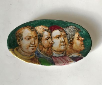 null Small earthenware plaque: Souvenir of Bologna with profiles of men in the taste...