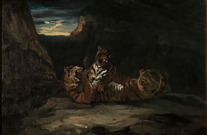 ETEX Jules ETEX (1810-1889)
Tigres 
Huile sur toile
Signé en bas à droite									
31...