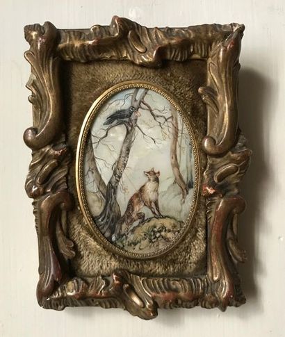 null MODERN
SCHOOL The Fox and the Raven
Miniature on biscuit in a gilded wooden...