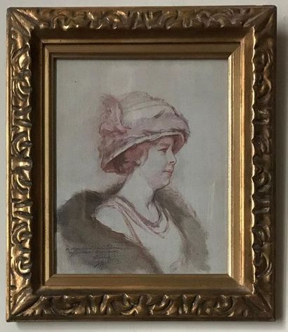 null ÉCOLE FRANCAISE du début du XXe
Portrait de femme au chapeau
Dessin au lavis
Signé,...